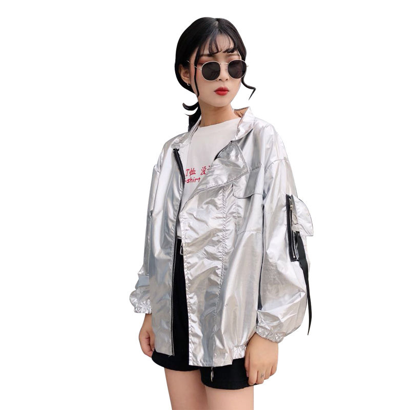 

Unisex Harajuku Bomber Oversized Jacket Loose Sunscreen Couples Coat Silver Cardigan Couples Stage Dance Show Outwear Tops N306, Silvery