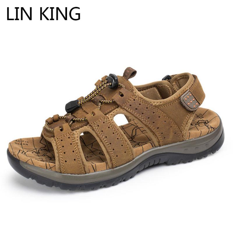 

LIN KING New Leisure Summer Genuine Leather Men's Sandals Breathable Outdoor Beach Sandals Shallow Solid Man Sports Hiking Shoes, Deep brown