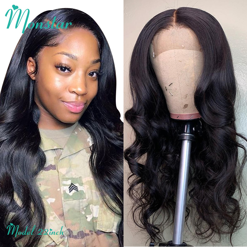 

Monstar Body Wave Lace Front Wigs Brazilian Remy Hair Bleached Knots 150% Density Glueless Human Hair Wig With Natural Hairline, Medium brown