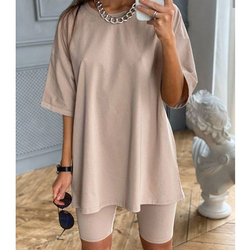 

2020 spring and summer new loose women's two-piece suit without belt pure color home loose sports fashion casual suit, Khaki