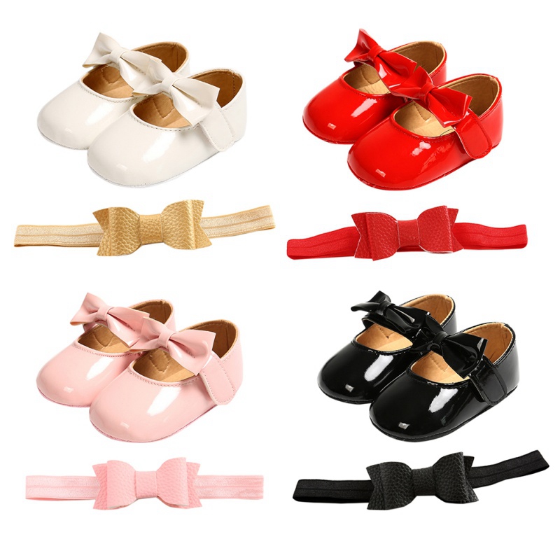 

Baby Girl Bowknot Shoes PU Buckle First Walkers With Bow Red Black Pink White Soft Soled Non-slip Headband Two-piece Set
