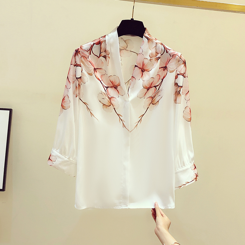 

New 2020 Autumn Elegant Women' V Neck 3/4 Sleeves Floral Print Shirts Office Lady Shirt Blouse Tops A3517, As pic