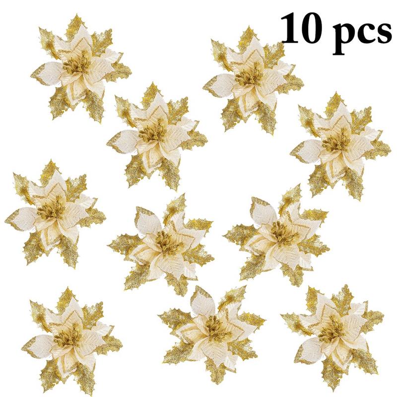

10pcs Christmas Decorations Flower Glitter Artificial Flower for Home Christmas Tree Ornaments New Years Party Decoration