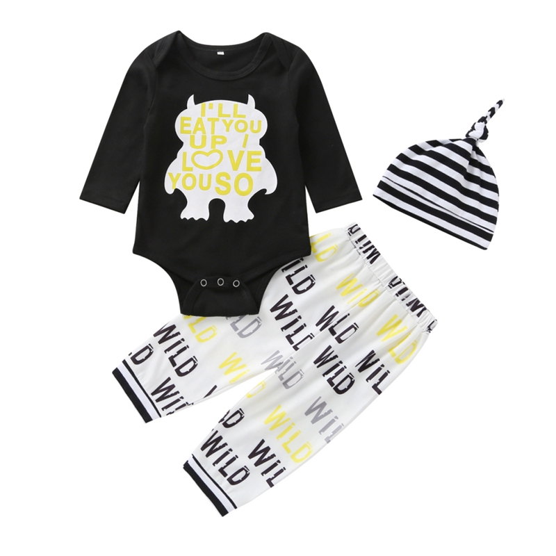 

Autumn Baby Clothes Set Children Boy Girl Long Sleeve Letters Print Romper Tops Trousers Striped Hat Kids Outfits Clothing Sets, As pic