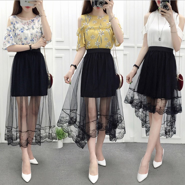 

New Arrivals 2020 Women's Sexy Lace Mesh Summer Base Stitching Rules Long Skirt Harajuku Plus Size, Black