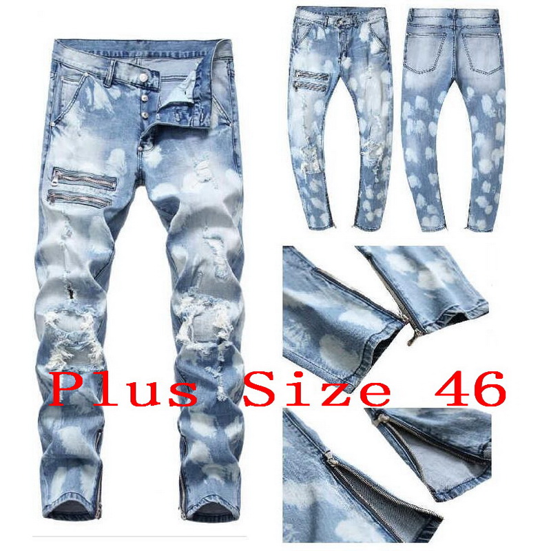 

Men Jeans Hole Men's Slim-fit stretch Jeans Ripped With Cuffs Male Denim Trousers Plus Size 46, Blue