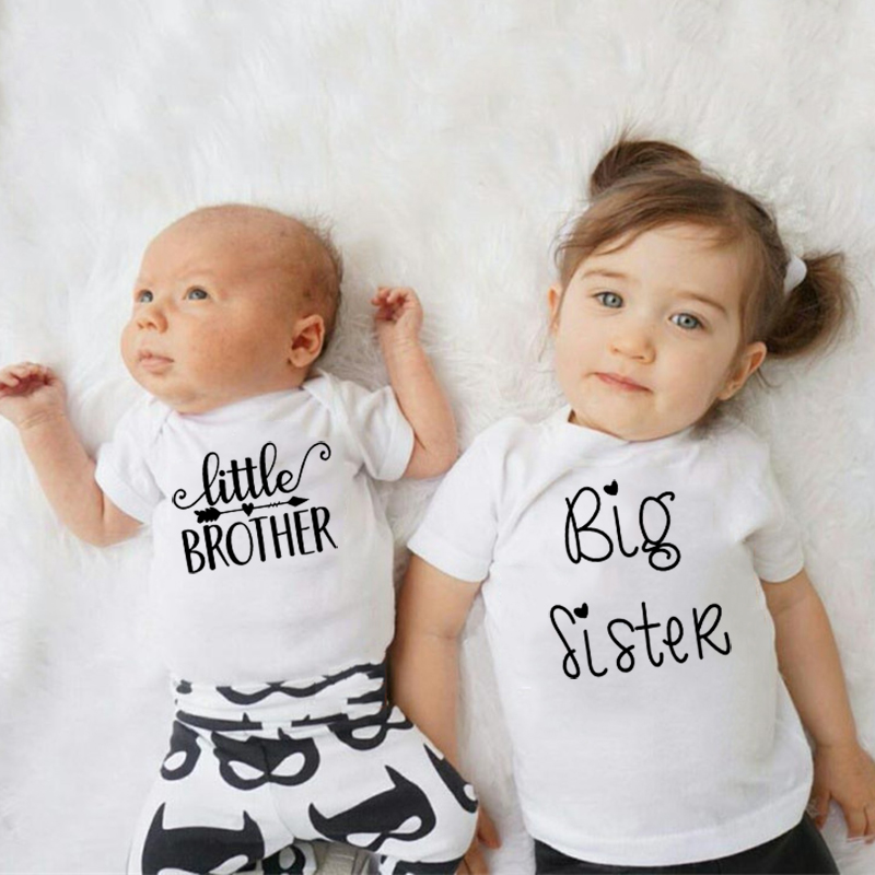 

Hot Wholesale Cotton Little Brother Romper Big Sister Tshirt Family Matching Clothes Infant Baby Boys Girls Short Sleeve Outfit, As pic
