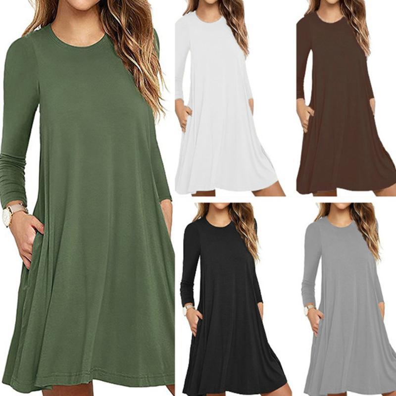 

Casual Wear Loose Fashion 2020 Plain Dress With Pockets For Women Long Sleeve Sukienka Round Neck Pullover Elegant Party Dress, Grey dress