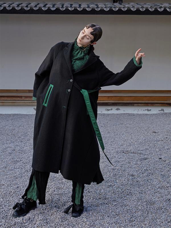 

Design Autumn Original Winter Women Vintage Elegant Wool Coat Casual Loose Green Lace Patchwork Black Woolen Jacket, Green and black