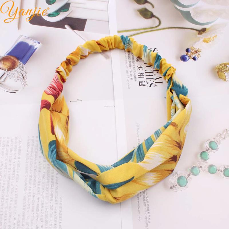 

New Fashion Women Girls Print Cross Headbands Summer Bohemian Hair Bands Vintage Turban Bandage Mujer Hair Accessories, Yellow