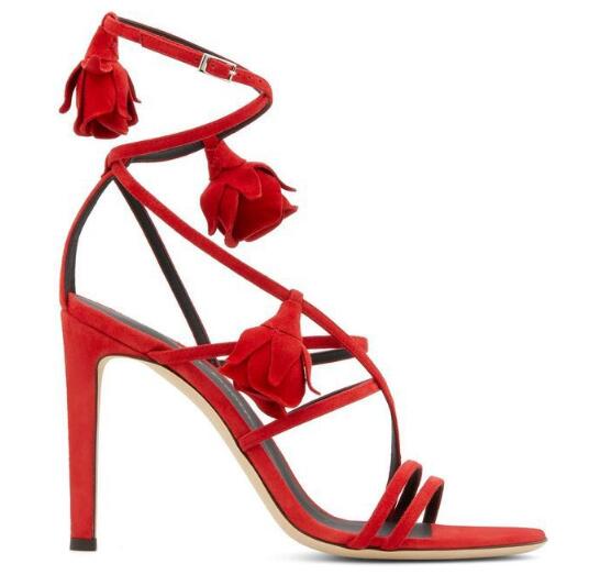 

Dipsloot Summer Red Black Suede 3D Flower Floral Narrow Bands High Heel Sandals Fashion Woman Stiletto Heels Party Sandals Shoes, As picture