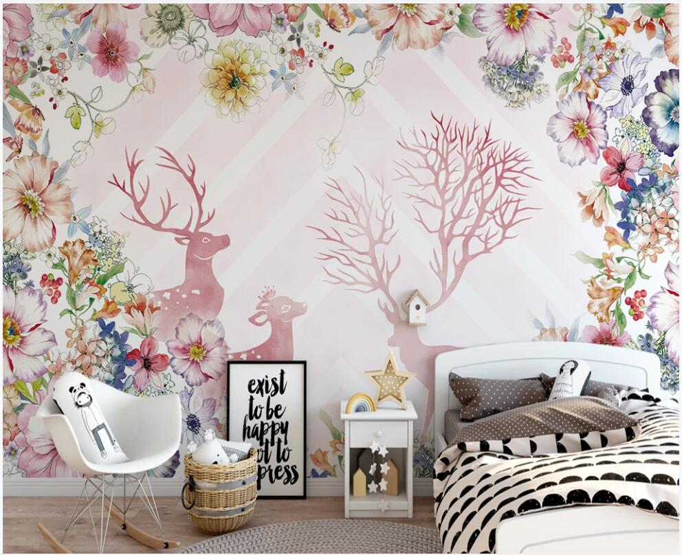 

3d wallpaper custom photo mural on the wall Cartoon modern watercolor plant flower elk children's room home decor wallpaper for living room, Non-woven