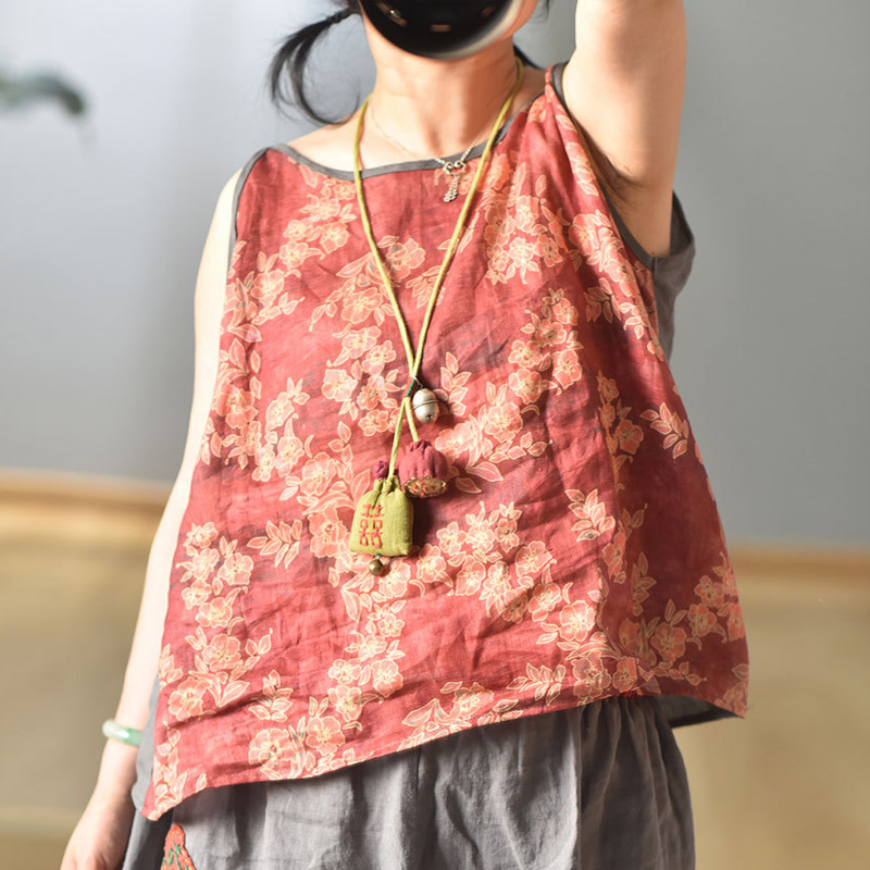 

Johnature Women Print Floral  Camis Summer New Vintage Casual Vintage Linen Woolen Regular Female Camis, Color 3