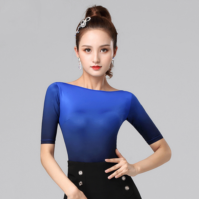 

Latin dance leotard tops Women new short-sleeved sexy milk fiber ballroom shirt dance practice clothes, Blue