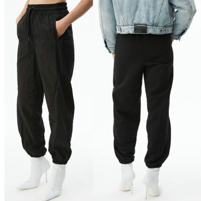 

2020 Spring Summer Women Logo Nylon Terry Cloth Mixed Patchwork Embroidered Letter Trousers Black Pants A2, As pic