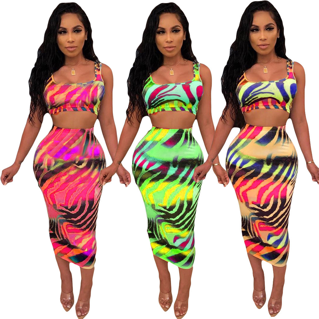 

Women Dress Two-piece Set Sleeveless Printed Tie-dyed Sexy Multi-color Slim Skirt Sling Top Summer Ladies Dresses 2020 C0688