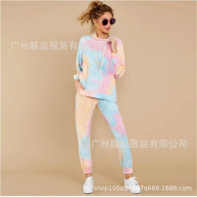 

2 Pieces Yoga Set Women Tie-Dye Print Long Sleeve Hooded Top High Waist Trousers Breathable Fitness Gym Cycling Seamless Suit
