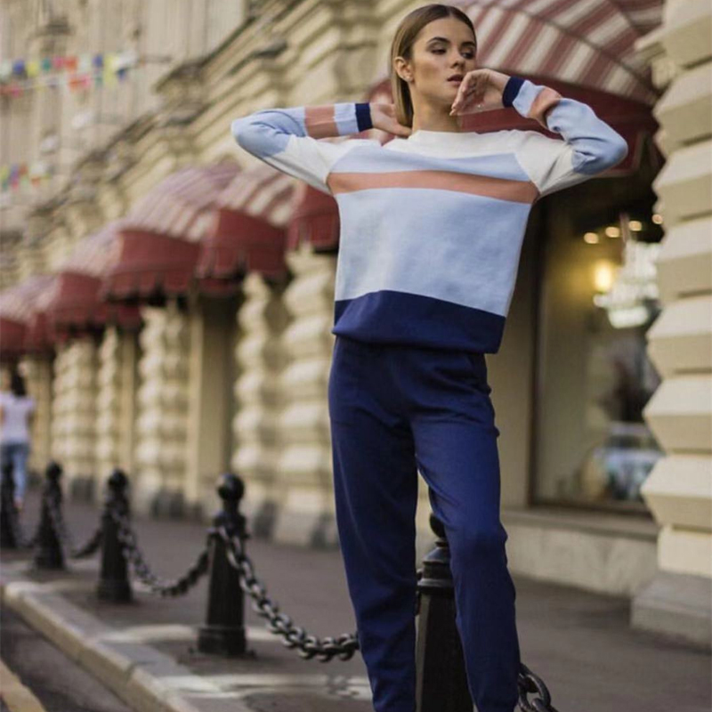 

women's knitted tracksuit 2-piece set 2020 spring winter casual women knitting pants suit Sweatshirt ribbon sewing wool knitted