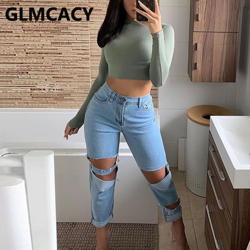 

Women Ripped Jeans Blue Denim Pants High Waist Sexy Streetwear Jeans, Sky blue