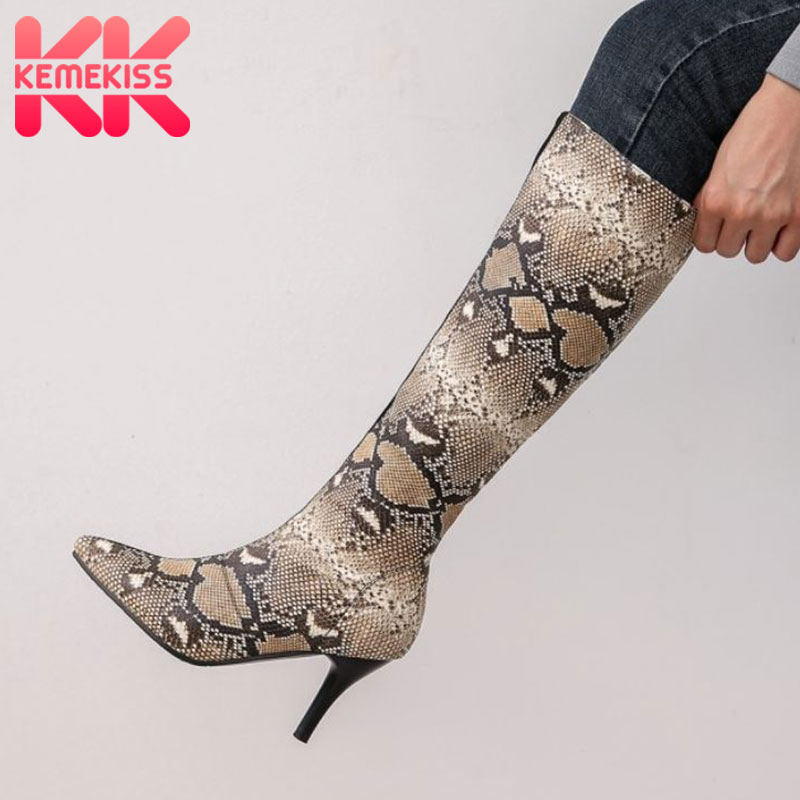 

KemeKiss Size 32-43 Women Knee Boots Sexy Serpentine Thin High Heel Winter Shoes Woman Warm Long Boot Party Lady Daily Footwear, Sliver