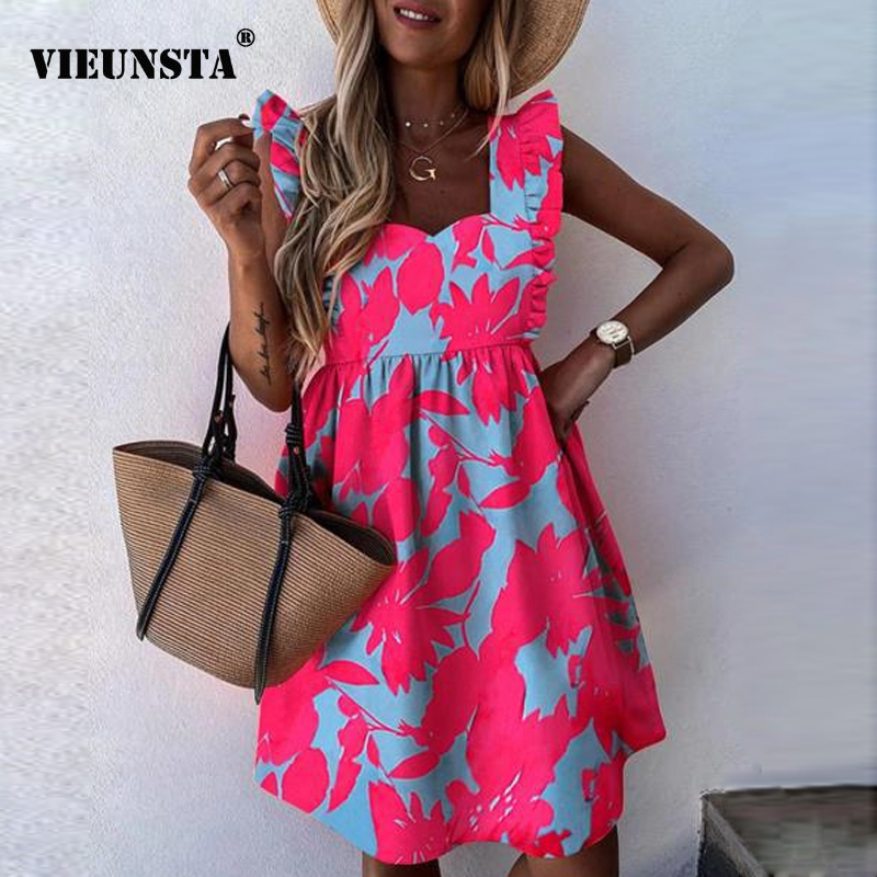 

Women New Square Collar Ruffle Summer Dress Elegant Butterfly Floral Print Party Dress Female Sleeveless A-Line Mini Dresses 3XL, Floral orange