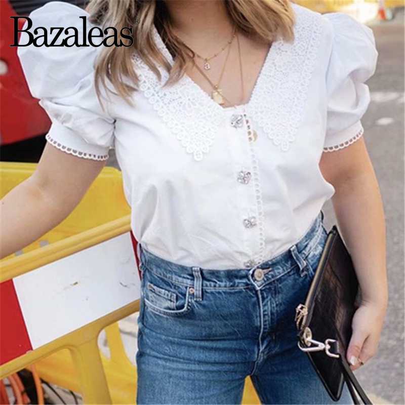 

Bazaleas Fashion Center Buttons blouse women France Blouse Chic Turn Down Collar embroidery ropa mujer, 9322 white s104