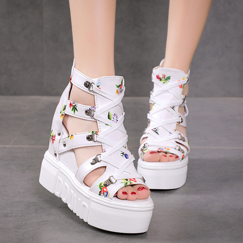 

Lucyever 12cm Super High Heels Platform Sandals Women Fashion Print Cross Strap Shoes Woman Casual Hollow Out Wedges Sandalias, Black