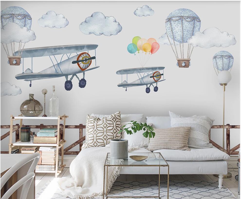 

custom photo mural on the wall 3d wallpaper Hand drawn cartoon airplane balloon children home decor 3d wall murals wallpaper for living room, Non-woven