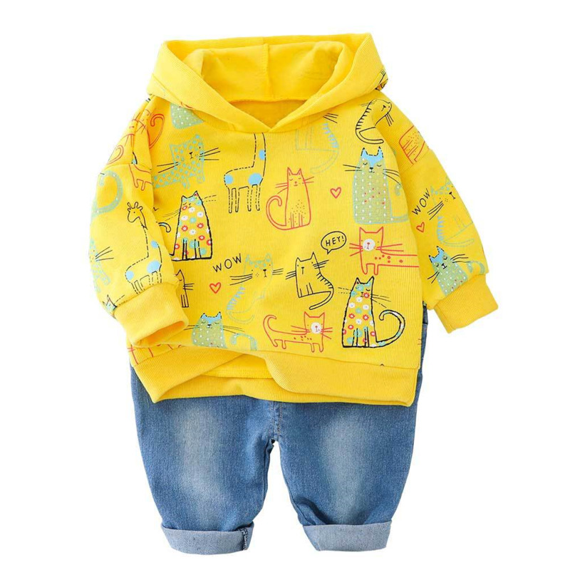 

Spring Autumn Children Leisure Clothes Baby Boys Girls Print Hooded T Shirt Jeans Pants 2Pcs/sets Kids Infant Cartoon Tracksuit, Beige