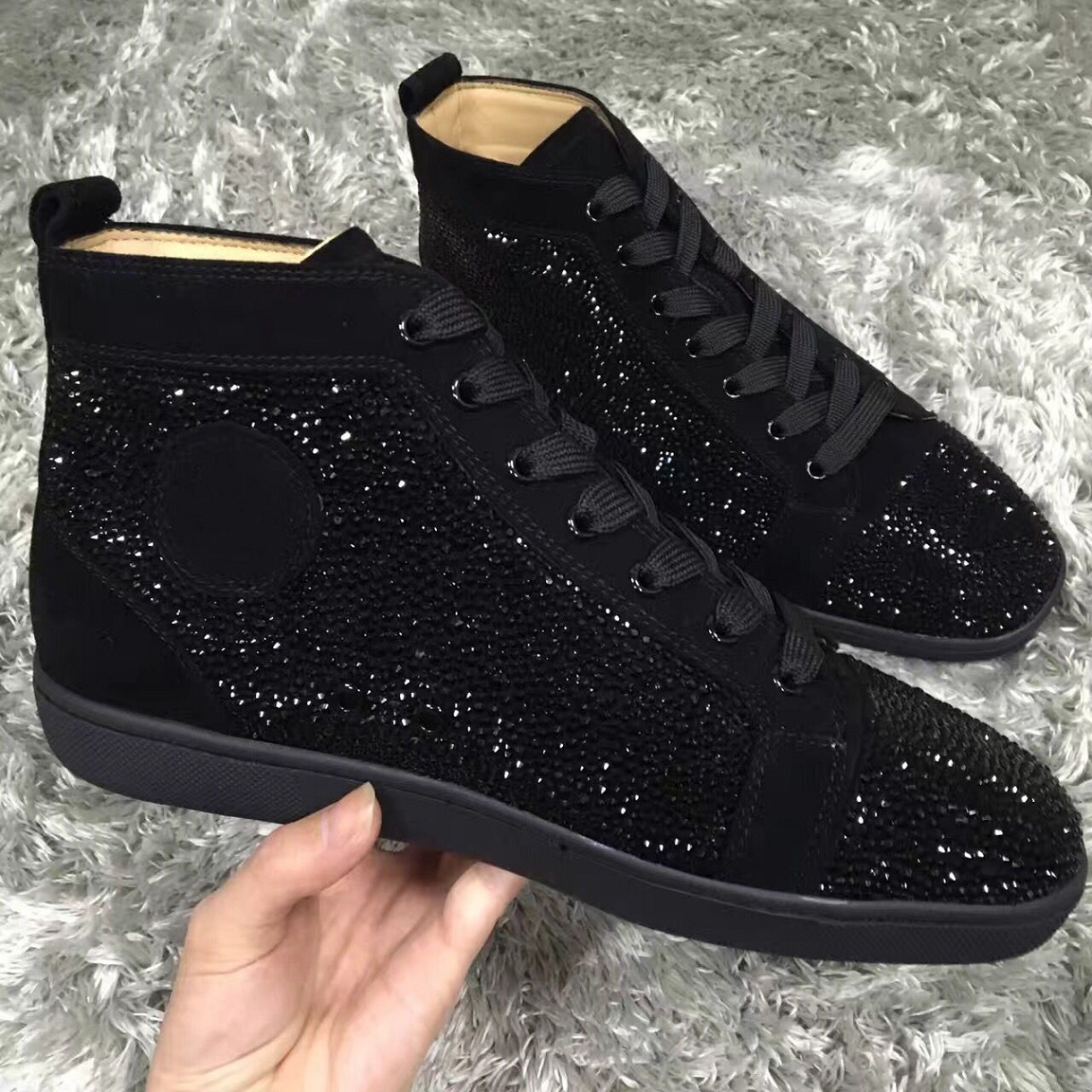 

[With Box] Luxury-Design High Top Strass Sneakers Shoes Suede Leather Men's Brand Red Bottom Casual Walking Flats Party Wedding Shoes 47, Women size 35-39