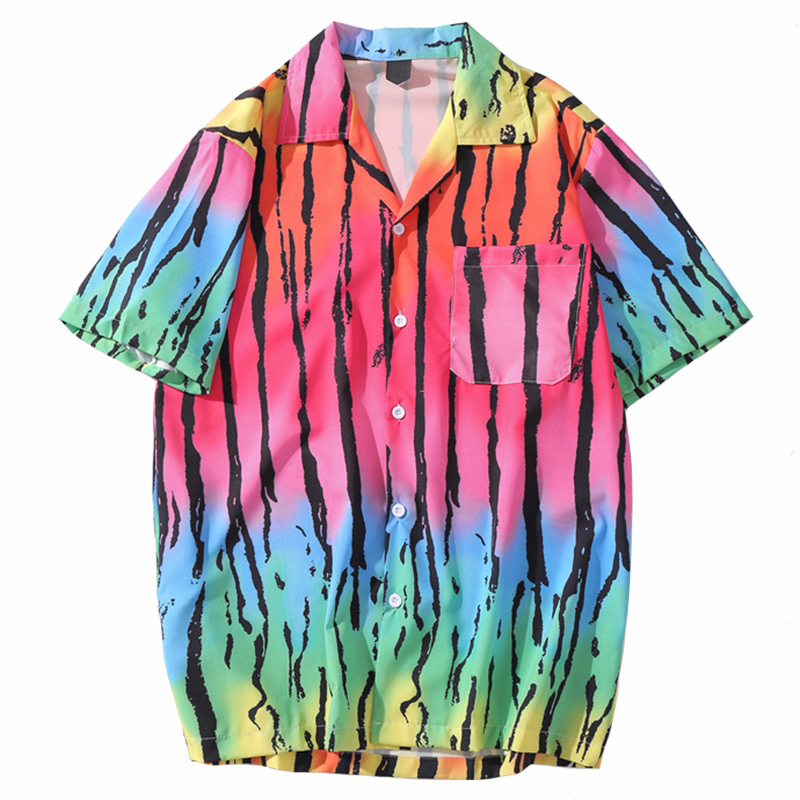

2020 Hip Hop Shirt Streetwear Men Hawaiian Shirt Tie Dye Rainbow Black Stripe Shirts Short Sleeve Harajuku Beach Summer, As picture