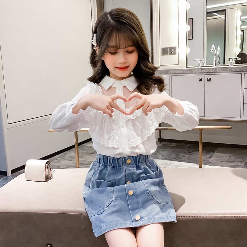 

Keelorn Kids Girls Fashion Autumn Thin Clothing Sets Lace Blohses and Jeans Skirt 2pcs Teenager Girls Cute Casual Princess Suits, Az2384white
