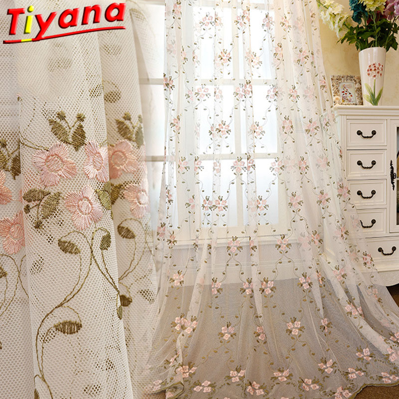 

Pink Sweet Elegant Tulle Curtains for Living Room Princess Lace Flower Embroidery Sheer Tulle Wedding Window Drapes X-WP366#30, Pink flower tulle