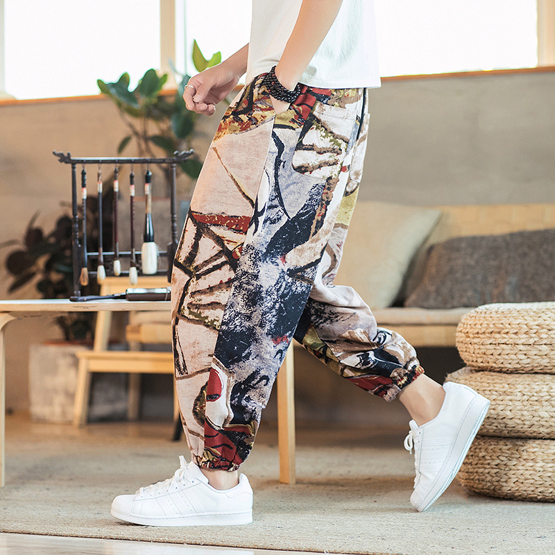

Summer Printed Thin Line Pants Men Breathable Cotton Casual Plus Size Crotch Harem Kidoriman Loose Trousers Pantalon Travail