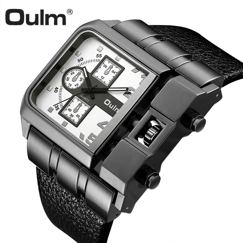 

OULM Oversize Unique Design Quartz Watch Men Leather Strap Square Dial Bid Case Casual Sport Wrist Watches relogio masculino, Brown