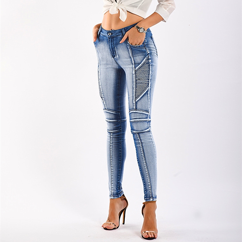 

2020 Plus Size 4XL Moto Jeans Women Spring Autumn Skinny Motorcycle Biker Jeans Womens Fit Slim Elstic Denim Pants Female K320, Blue