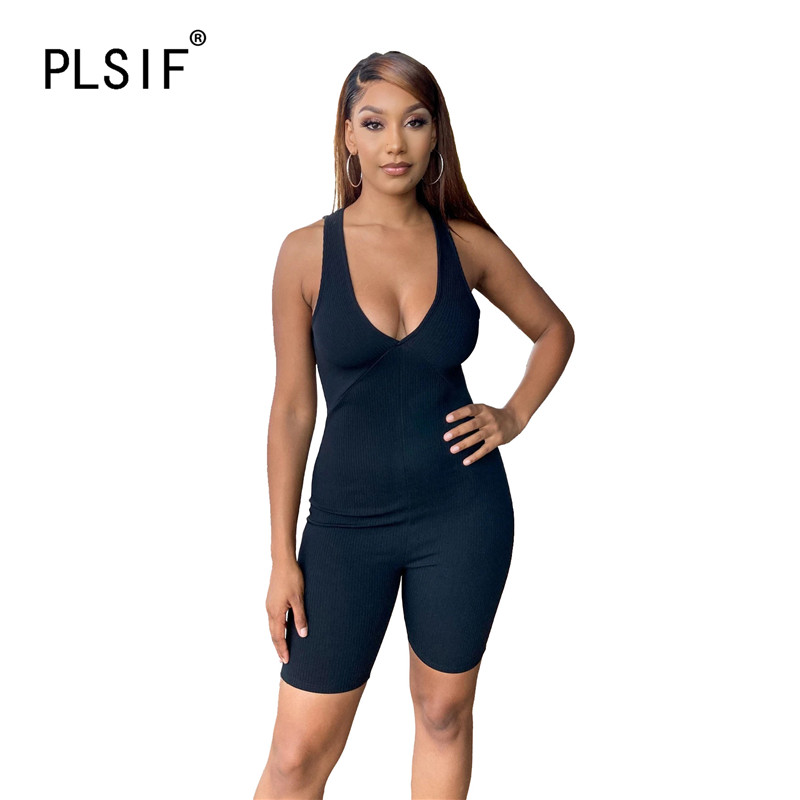 

young party women fashion simple solid color U neck sleeveless skinny jumpsuits sexy tight club party lady fashion bodysuits, Black;white