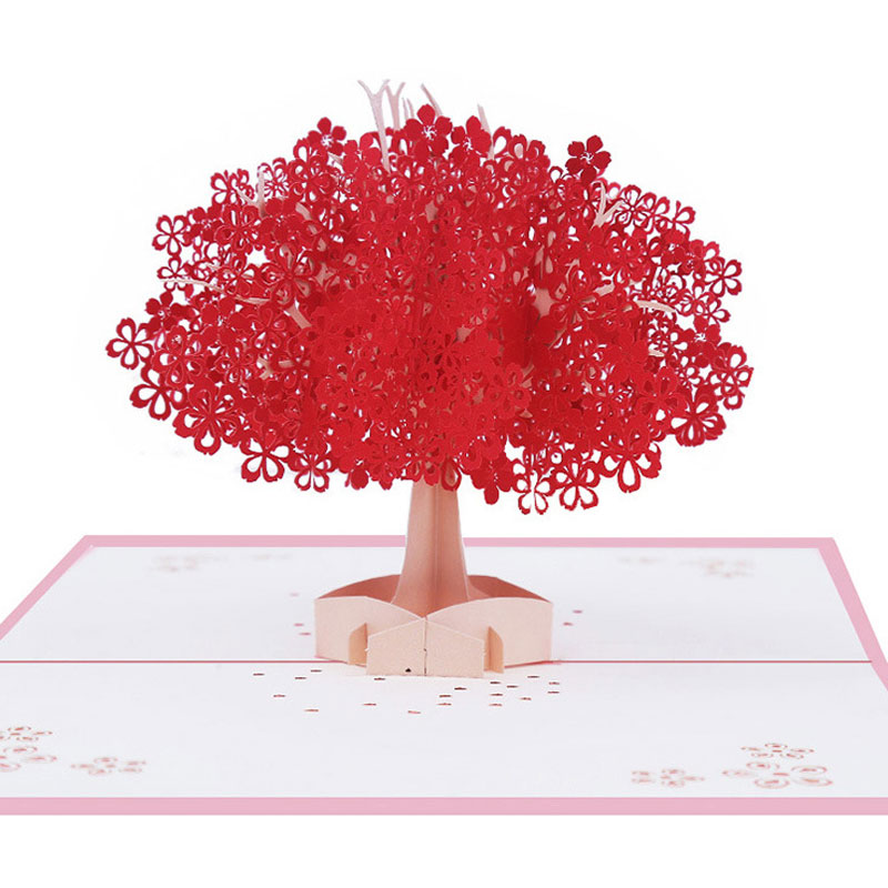 

3D Pop Handmade Romantic Red Sakura Tree Invitation Greeting Cards PostCard Valentine's Day Wedding Engagement Lover Gift