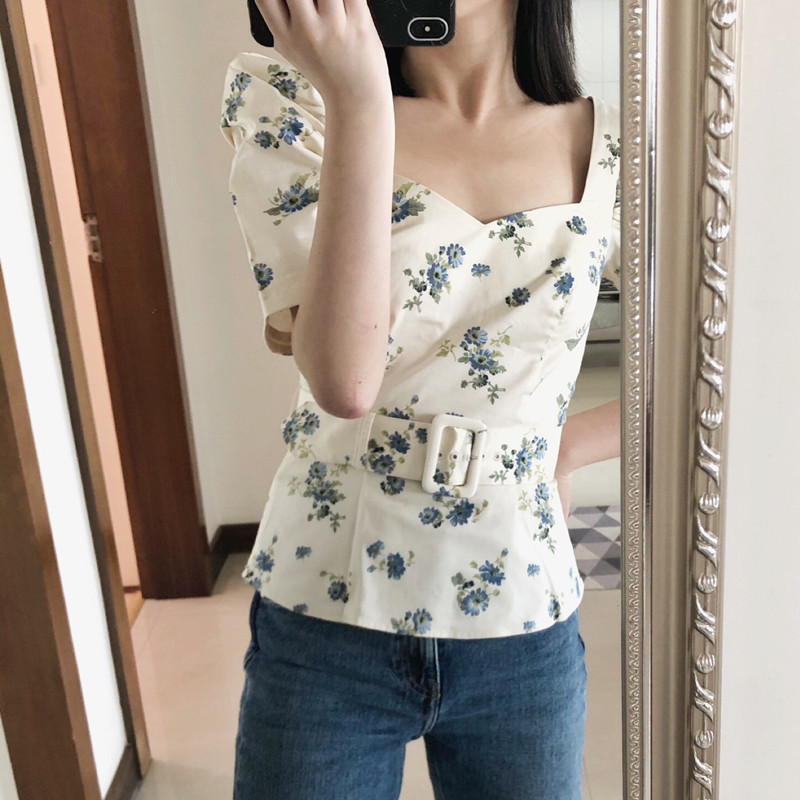 

2020 New Square Collar Womens Blouse Puff Sleeve Sweet Floral Print Lady Slim Shirt and Top With Sashes, A blouse