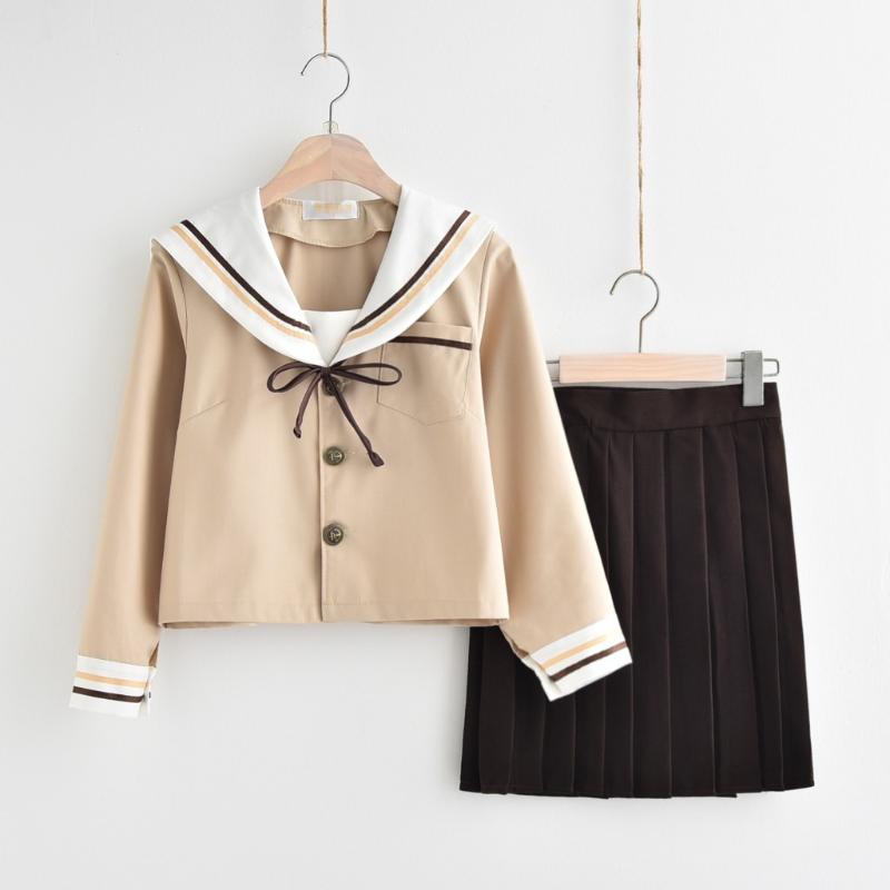 

Young Girls School Uniform Students College Soft School Wear Teens College Uniform Top Skirt Suit Female Sailors' Clothes D0187, Khaki
