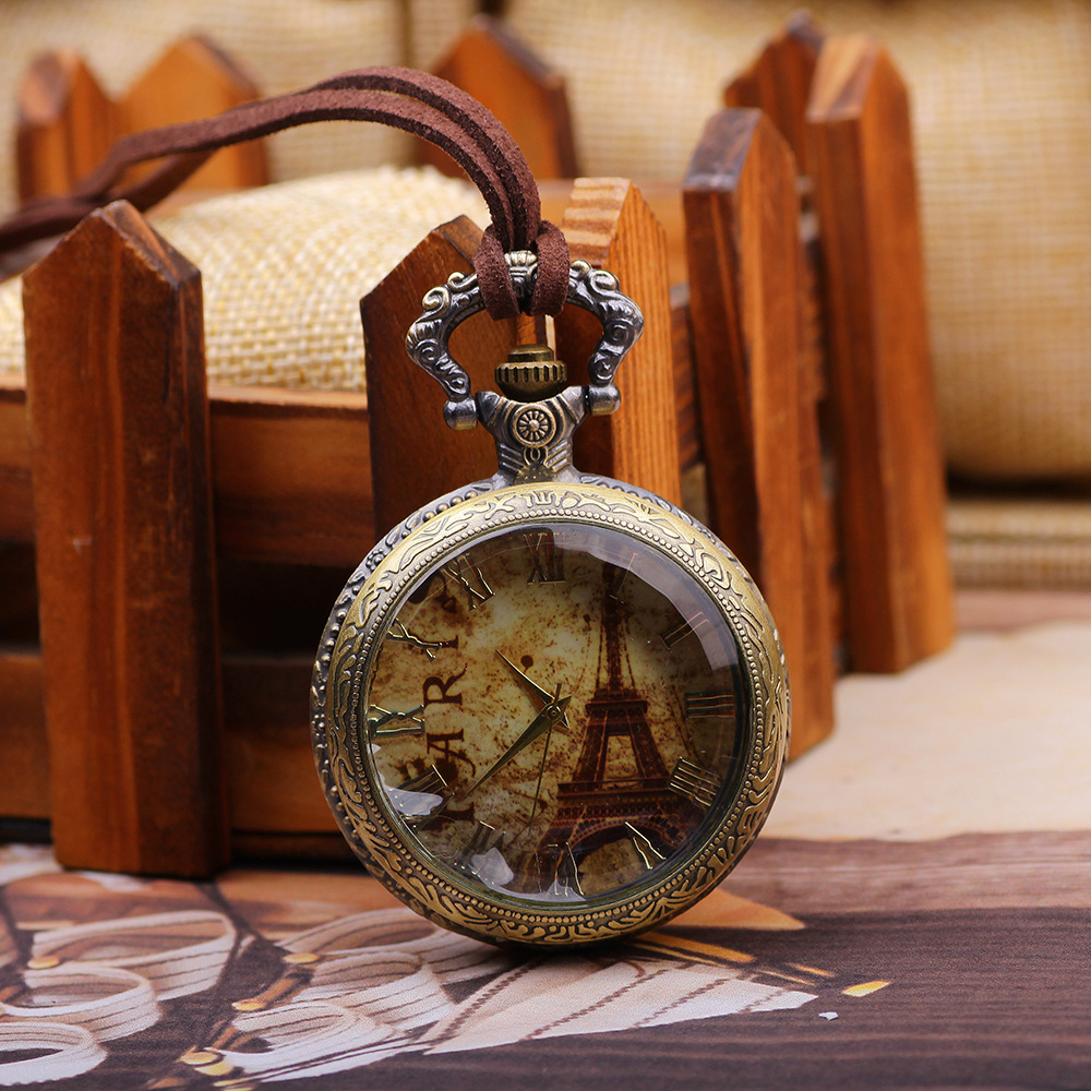 

Pocket watch beautiful Eiffel Tower pattern cover necklace pocket watch Korean velvet student pocket watch necklace, Antique bronze