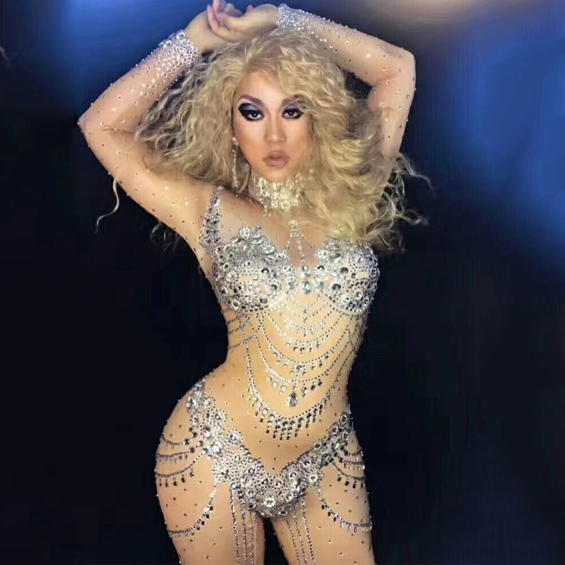 

Glisten Crystals Rompers Women'S Rhinestones Jumpsuit Nightclub Party Outfit Female Singer Stage Performance Dance CostumeDT309, As picture