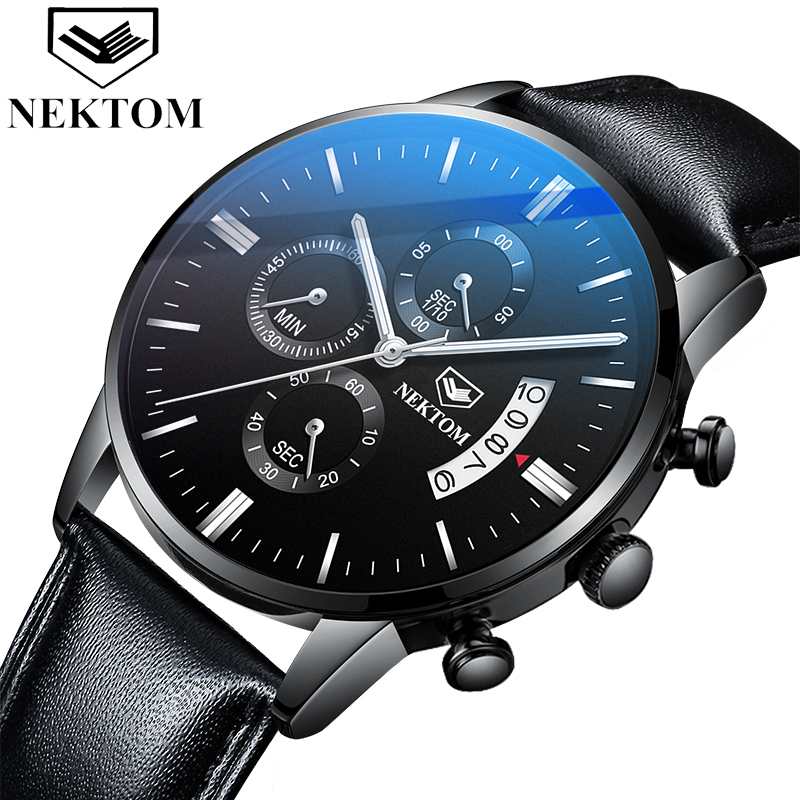 

NEKTOM Men Watches Leather Wristwatch Business Male Sport Quartz Clock Chronograph Quartz Male Sports Watch Relogio Masculino