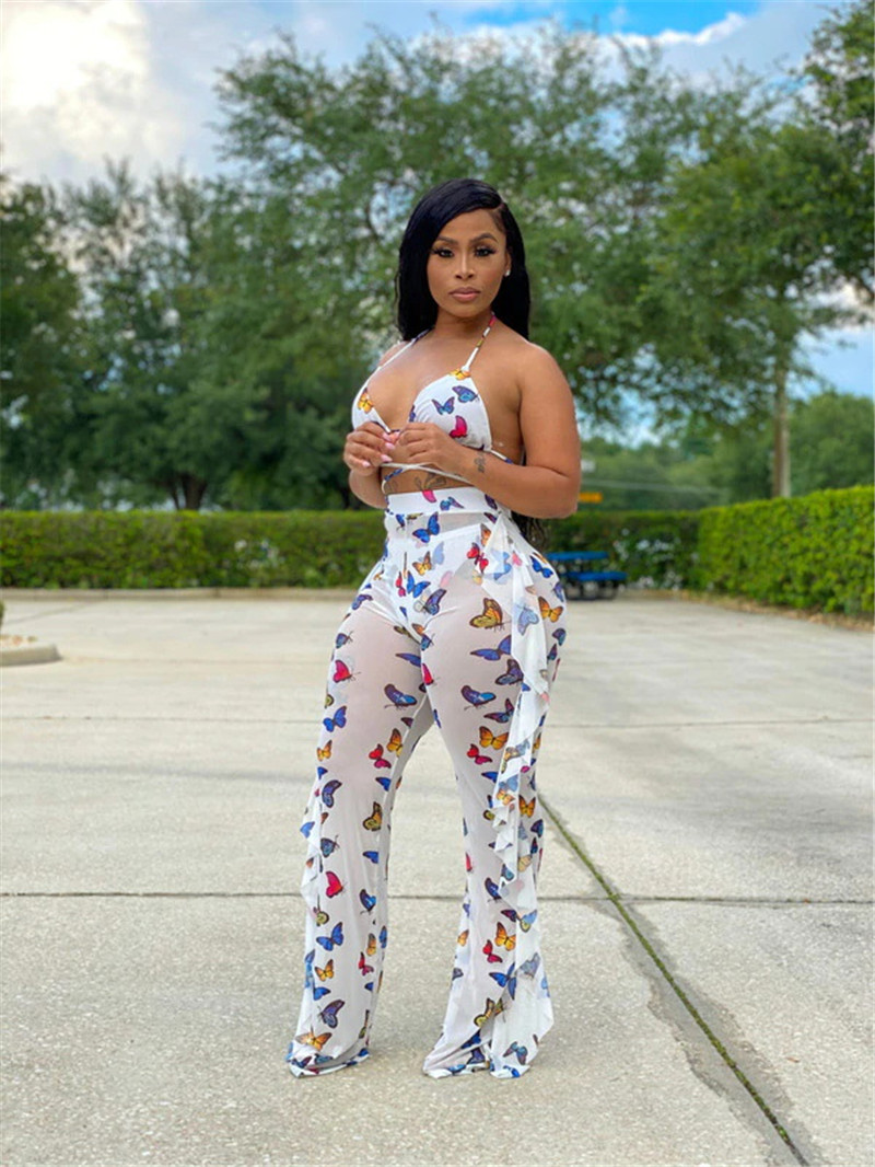 

Lady Designer Beach Ruffle Pants Sexy Butterfly Printed Halter Suits Women Two Piece Summer Outfits Pants Set, White