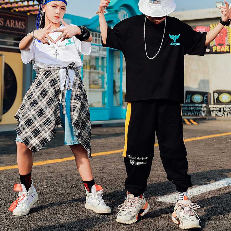 

Hip Hop Kids Clothes 2020 Fashion T-Shirts Pants Set Loose Short Sleeves Summer Children Performance Street Hip Hop Costume 4290, Black top