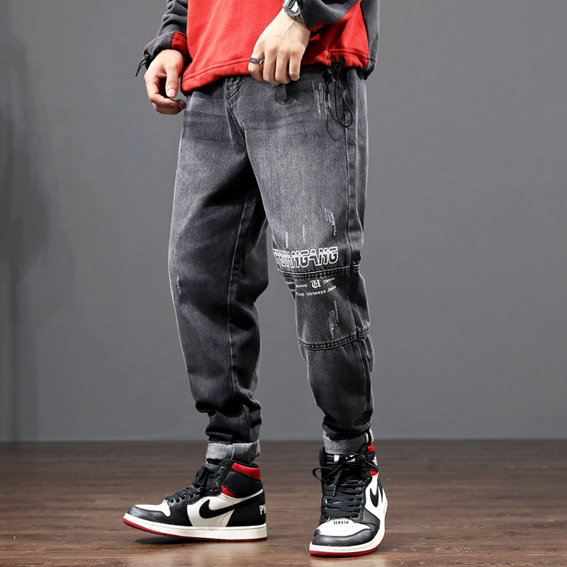 

Fashion Streetwear Men Jeans Black Gray Printed Designer Big Pocket Cargo Pants Harem Jeans Japanese Vintage Hip Hop Men