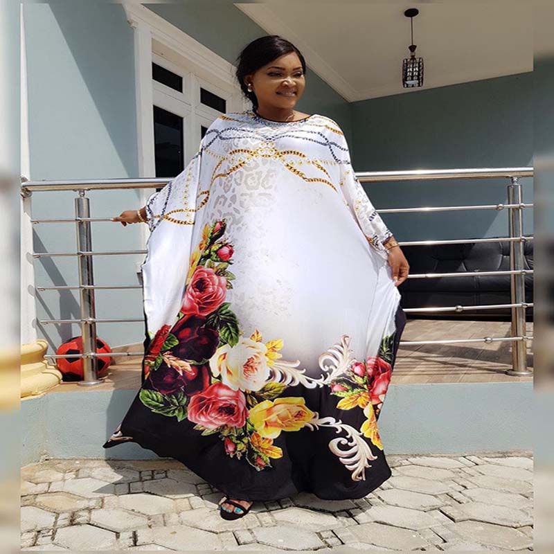 African Robe Plus Size Loose Bat Sleeve Dress Women Elegant O-Neck Flower Print Long Dress Dashiki Africa Clothing Beach Party-image-556122116