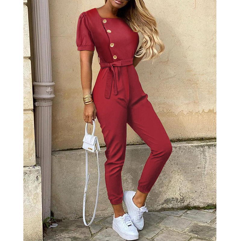 

lybofly jumpsuit romper women Elegant bow tie office ladies Short sleeve jumpsuit Casual streetwear party long pant slash neck, Burgundy
