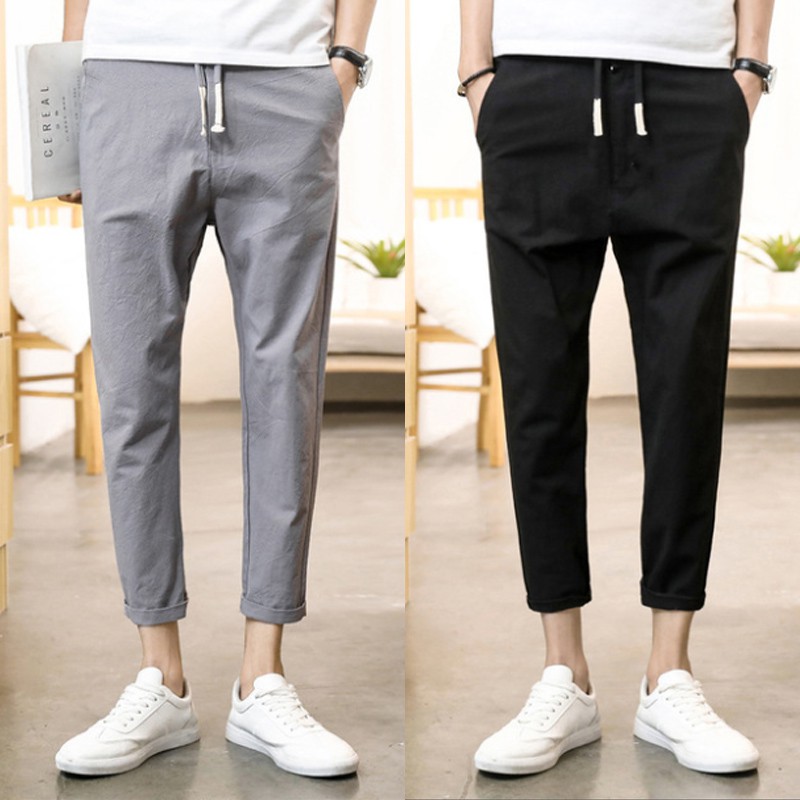 

HOT Men's Cotton Pants Ankle-length Pants Straight Casual Trousers Summer Cropped Solid Feet Pencil Linen, Black