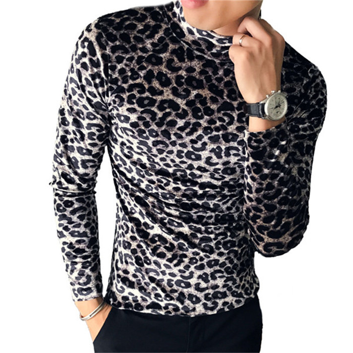 

Leopard Slim Mens T Shirts Casual Turtle Neck Long Sleeve tshirts Fashion High Street Men Designer Tops Clothing, White;black